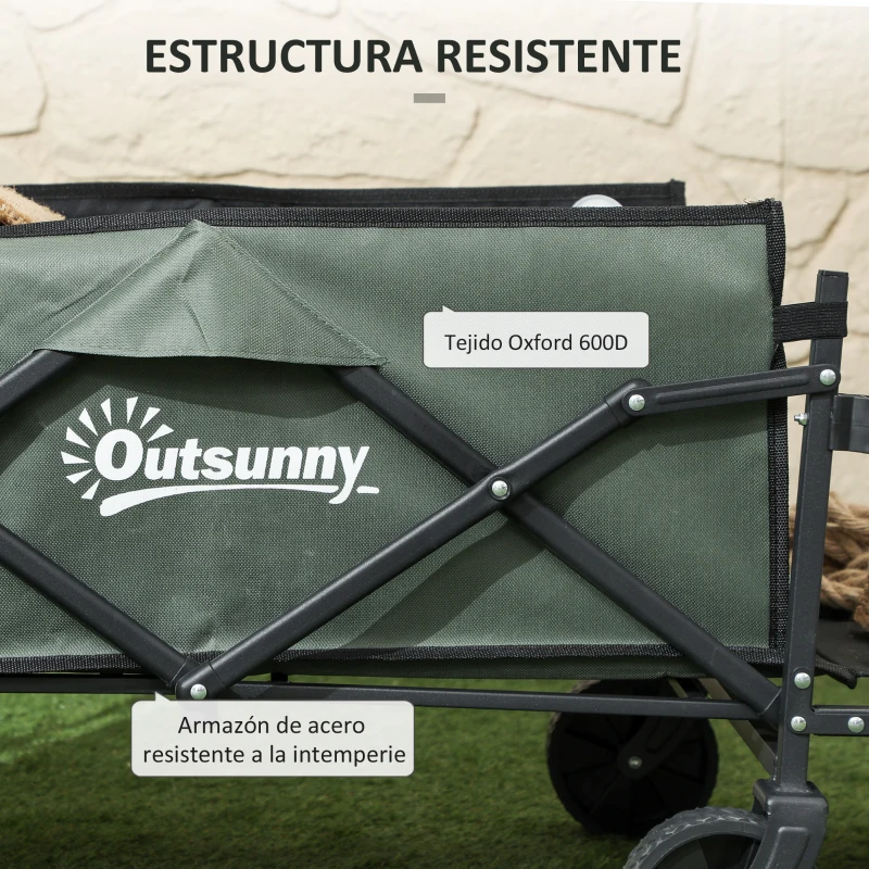 Outsunny Carro de Jardín Plegable con Mango Telescópico Ajustable Puerta Trasera Expandible para Campaña y Compra Verde