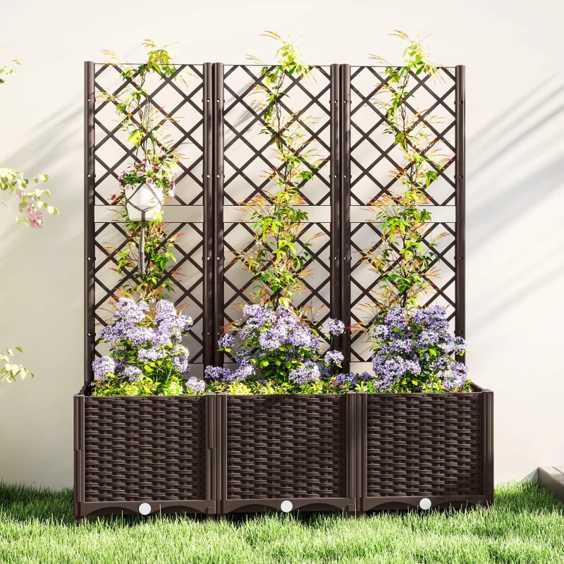 Outsunny Jardinera con Enrejado de Plástico para Plantas Trepadoras con Drenaje y Amplio Espacio de Cultivo 120x40x135 cm Marrón