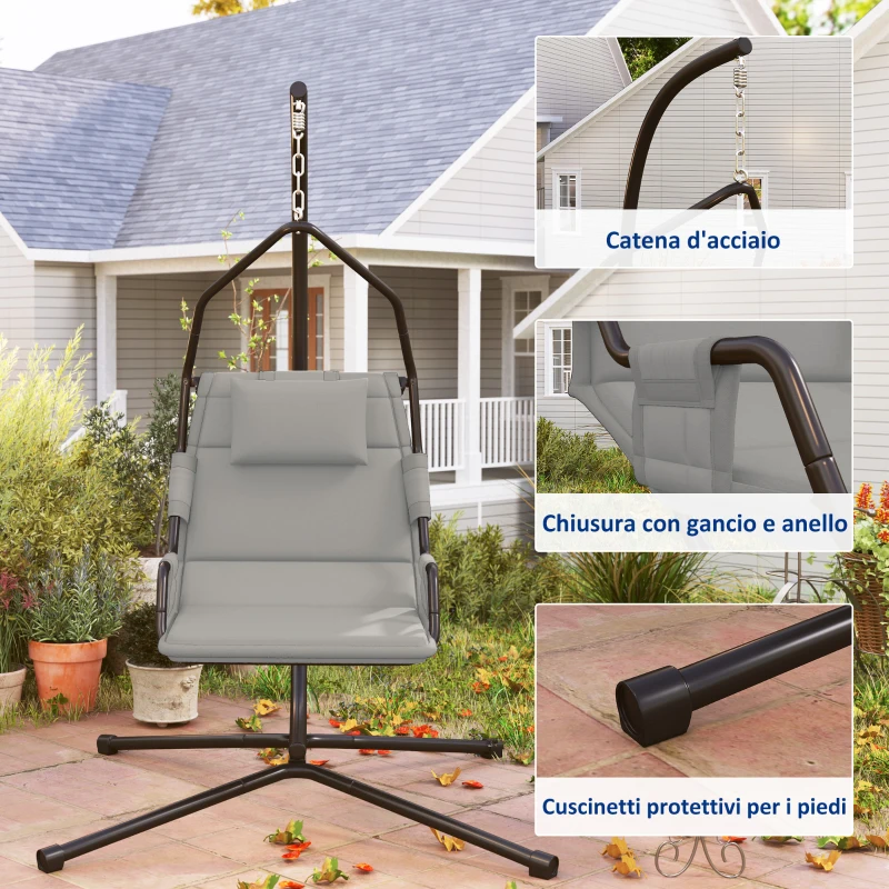 Outsunny Amaca a Dondolo Imbottita con Cuscino, Gancio e Catena, in Acciaio e Poliestere, 118x98x192 cm, Grigio e Nero