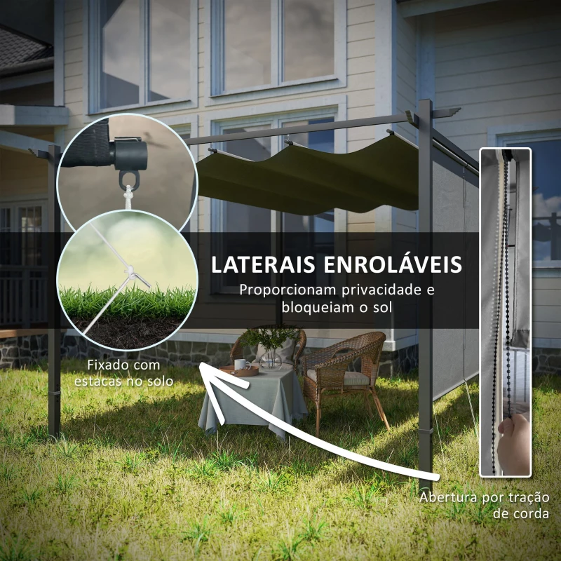 Outsunny Pérgola com Teto Retrátil de 4x3 m Pérgola de Parede ou Independente com Lados Enroláveis Proteção UV30+ Cinzento