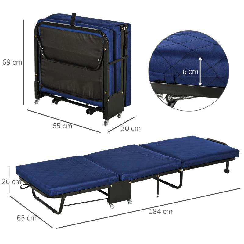 HOMCOM Cama dobrável portátil Cabeceira Ajustável em 5 Níveis de Ângulo Carga máxima 120 kg 184x65x26cm Azul