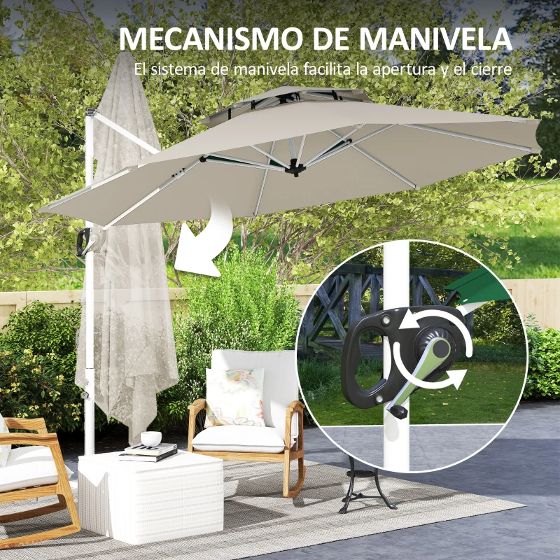 Outsunny Parasol Excéntrico Ø292 cm con Manivela Giro 360° Inclinación Ajustable Doble Techo y Base Cruzada Gris Claro