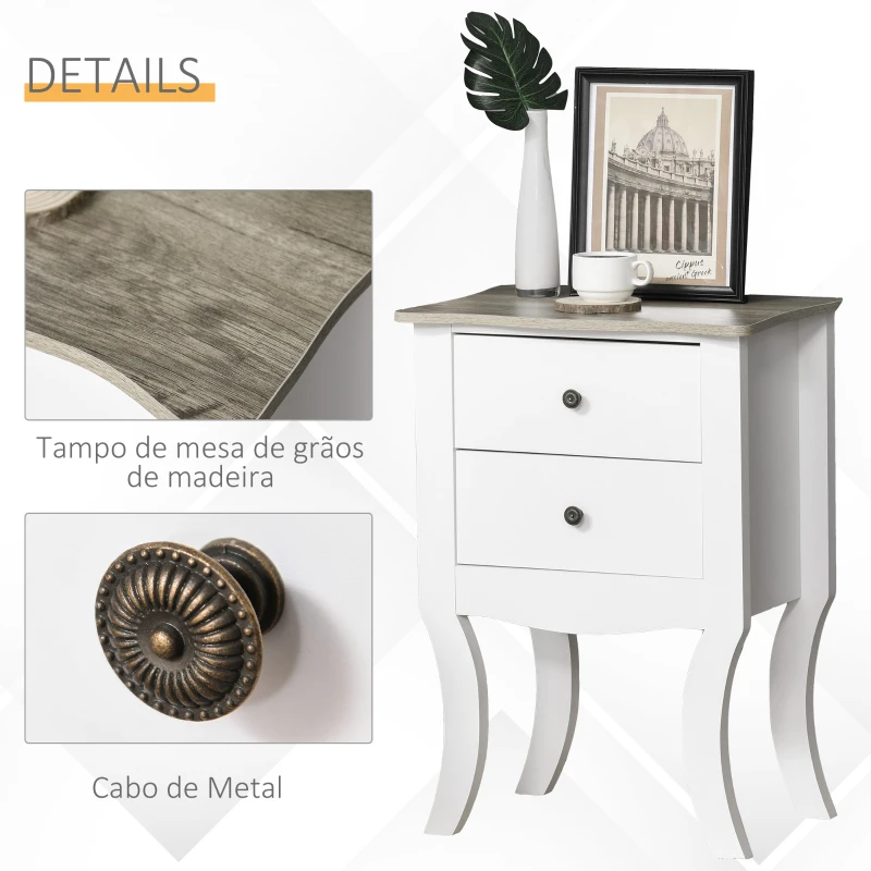 HOMCOM Mesa de cabeceira com 2 gavetas de armazenamento Base elevada para sala de estar Quarto estilo nórdico e vintage 46,5x32x64,5 cm Branco
