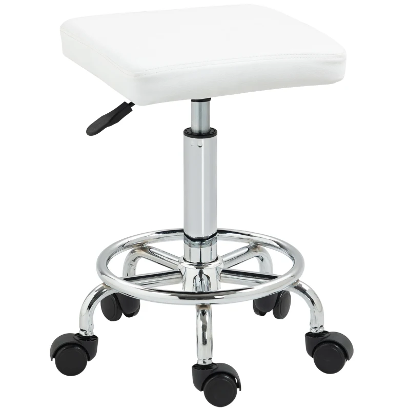 HOMCOM Taburete Giratorio Ajustable Con Asiento Acolchado Reposapiés y Ruedas para Salones y Talleres 34x34x50-66 cm Blanco