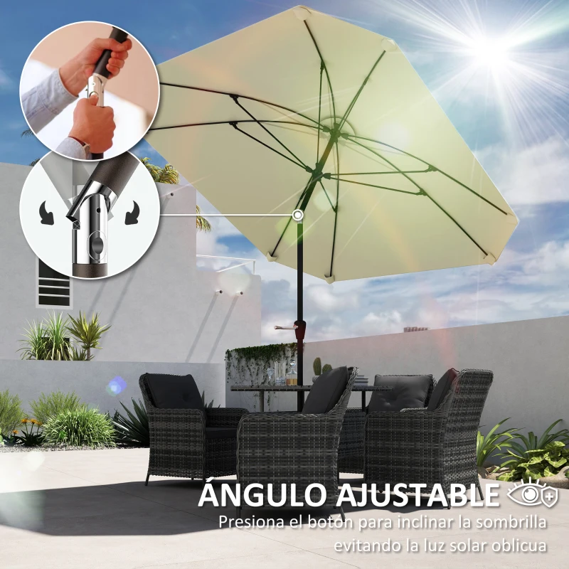 Outsunny Sombrilla de Jardín 233x233 cm Ángulo Ajustable Impermeable Poste de Aluminio Varillas de Fibra de Vidrio Manivela Crema