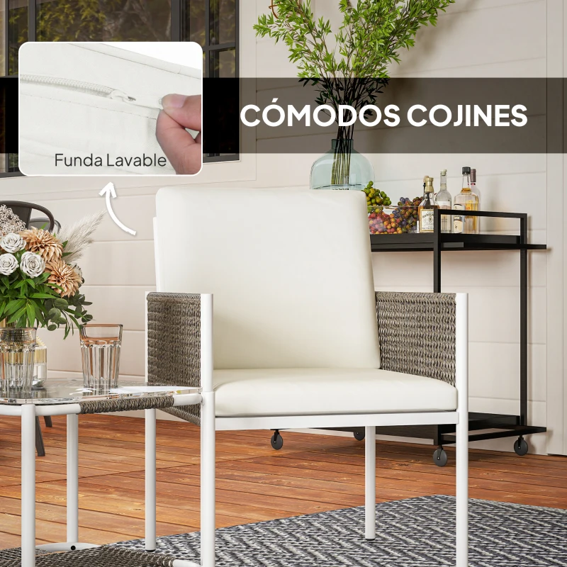 Outsunny Juego de 2 Sillas y Mesa de Ratán con Cojines Acolchados y Encimera de Vidrio para Balcón Terraza Marrón y Crema