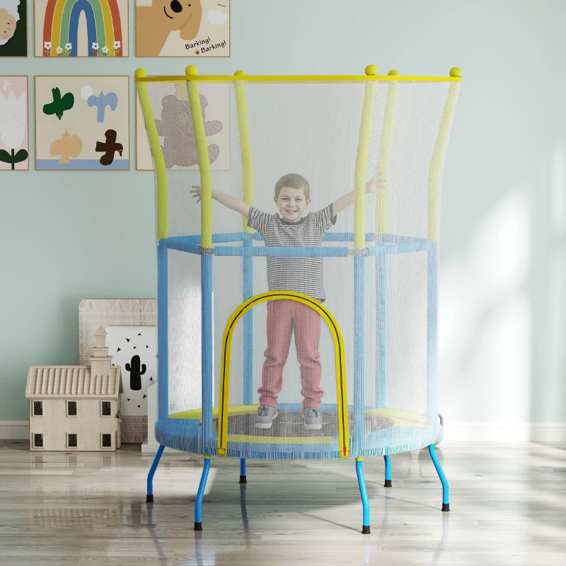 AIYAPLAY Trampolín Infantil de Interior con Red de Seguridad Cuerdas Elásticas y Barras Acolchadas 3-6 Años Ø140x190cm Azul Claro