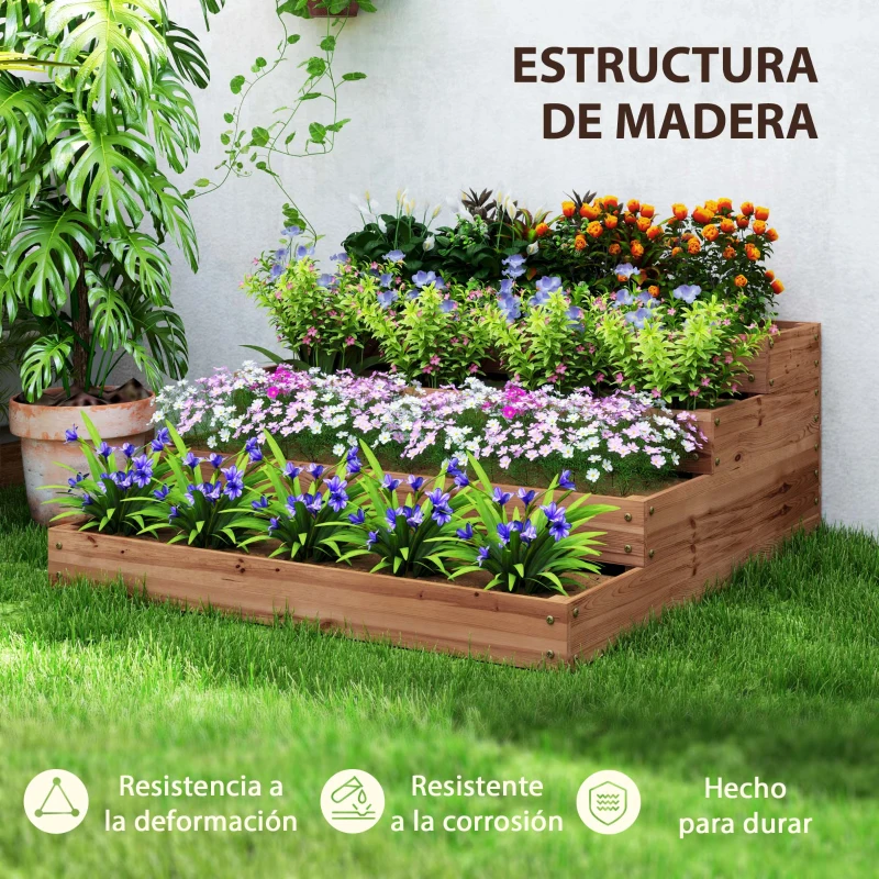 Outsunny Jardinera de Madera Elevada de 4 Niveles con Diseño de Escalera para Cultivos Plantas Flores 113x113x46 cm Café Oscuro