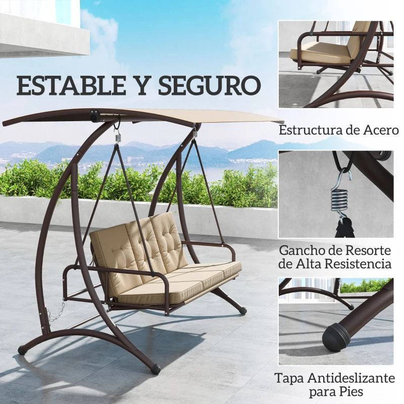 Outsunny Columpio de Jardín de 3 Plazas Convertible en Cama con Toldo Ajustable UPF30+ y Cojines 200x120x175 cm Caqui
