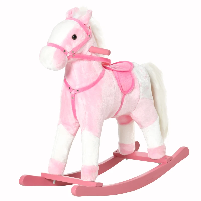 HOMCOM Cavalo Baloiço de Pelúcia para Crianças entre 3-6 Anos com Sons de Relincho 74x28x65 cm Rosa