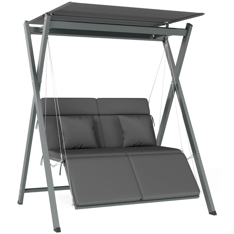 Outsunny Columpio de Jardín de 2 Plazas Convertible en Cama con Toldo Ajustable UV30+ y Cojines 142x130x168 cm Gris Oscuro