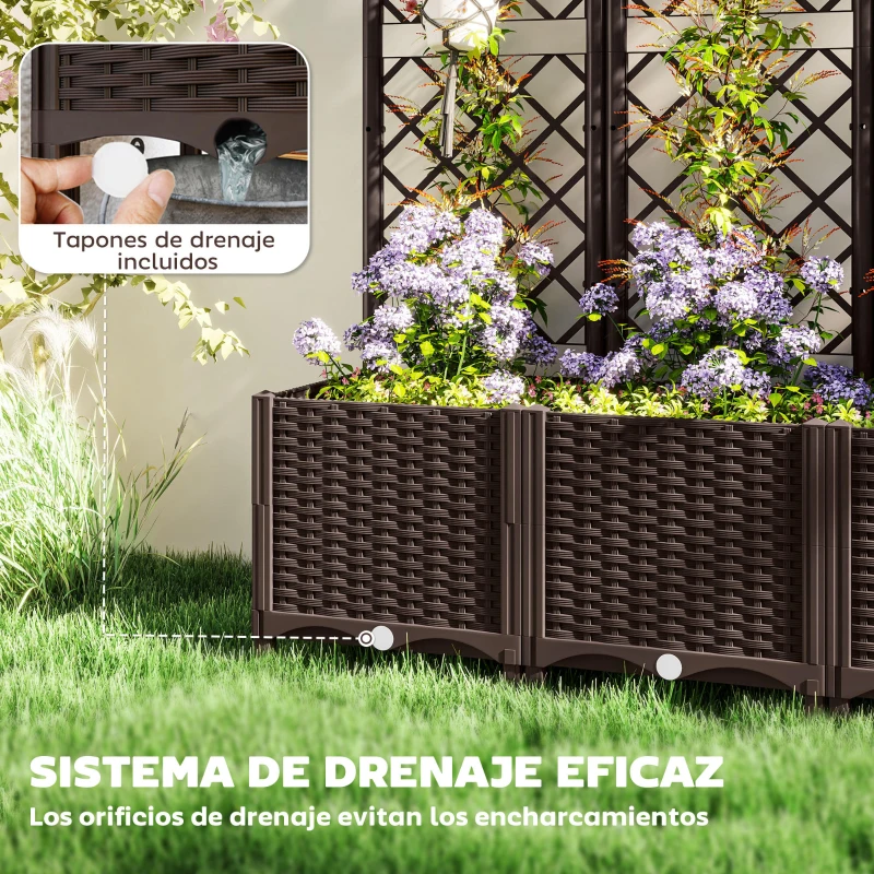 Outsunny Jardinera con Enrejado de Plástico para Plantas Trepadoras con Drenaje y Amplio Espacio de Cultivo 120x40x135 cm Marrón