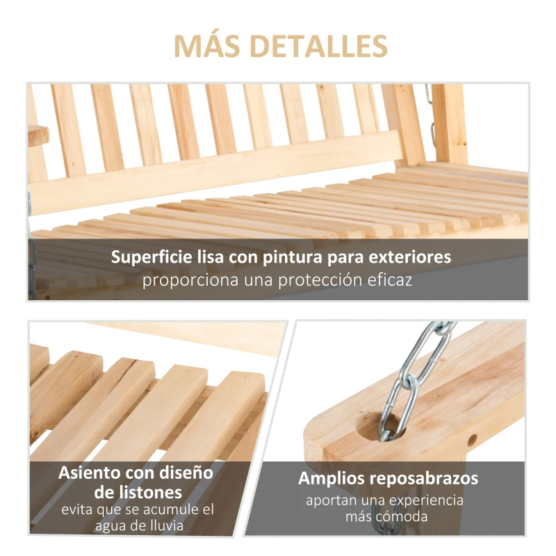 Outsunny Banco Columpio de Madera de 2 Plazas Ajustable con Respaldo y Apoyabrazos para Exterior Jardín 117x69x60 cm Natural