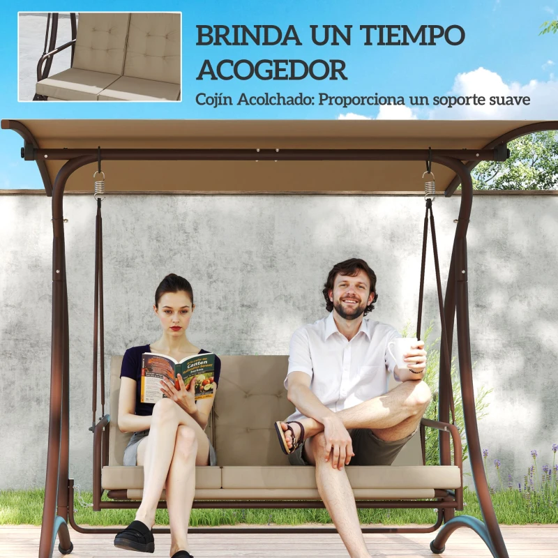 Outsunny Columpio de Jardín de 3 Plazas Convertible en Cama con Toldo Ajustable UPF30+ y Cojines 200x120x175 cm Caqui