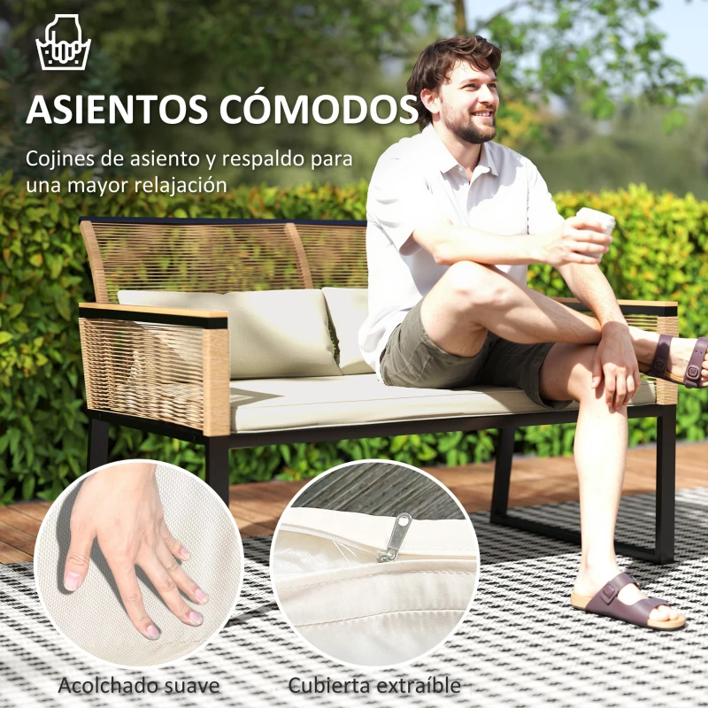 Outsunny Conjunto de Muebles de Jardín 4 Piezas de Ratán Sintético con 2 Sillones Sofá de 2 Plazas Mesa de Café Natural y Crema