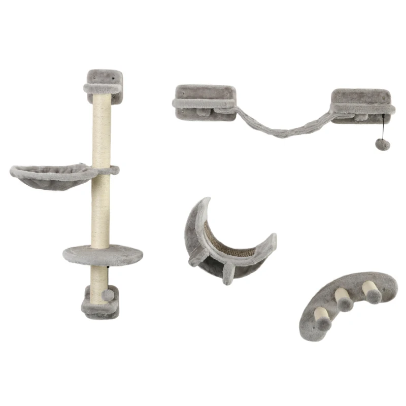 PawHut Juego de Escalada para Gatos de 4 Piezas Montado en la Pared con Hamaca Plataformas y Rascadores de Sisal Gris
