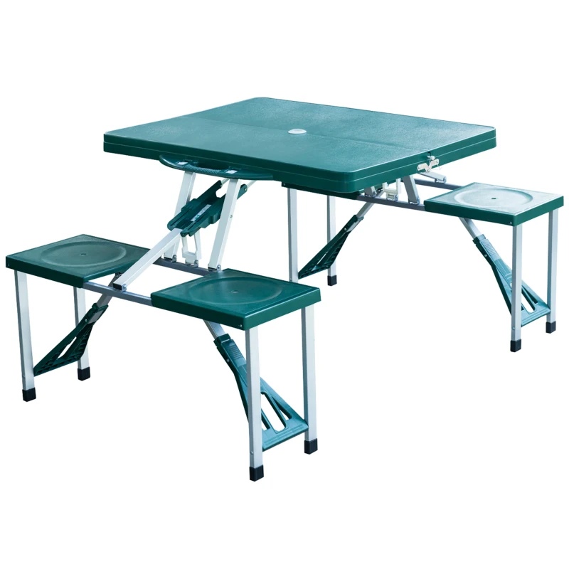 Outsunny Mesa de Acampamento Dobrável com 4 Cadeiras Conjunto para Acampamento com Orifício para Guarda Sol Estrutura de Alumínio 136x84,5x66 cm Verde