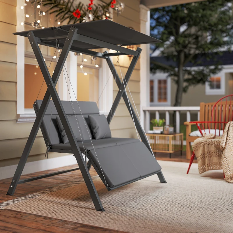 Outsunny Columpio de Jardín de 2 Plazas Convertible en Cama con Toldo Ajustable UV30+ y Cojines 142x130x168 cm Gris Oscuro
