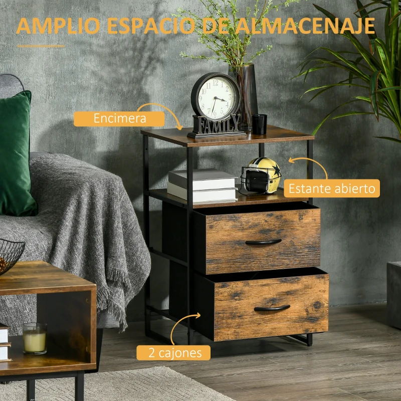 HOMCOM Mesita Auxiliar de Estilo Industrial con Cajones de Tela Plegables y Estante Abierto 45x40x70,5 cm Marrón Rústico