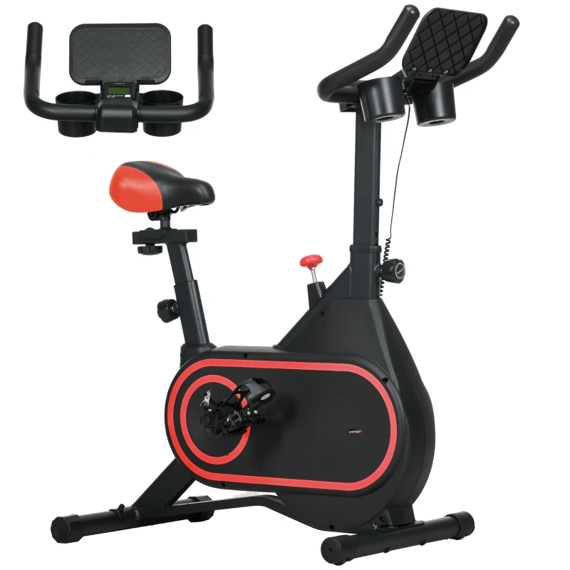 SPORTNOW Bicicleta Estática con Volante Inercia 4 kg Resistencia Ajustable Pantalla LED Silencioso Asiento Ajustable Rojo y Negro
