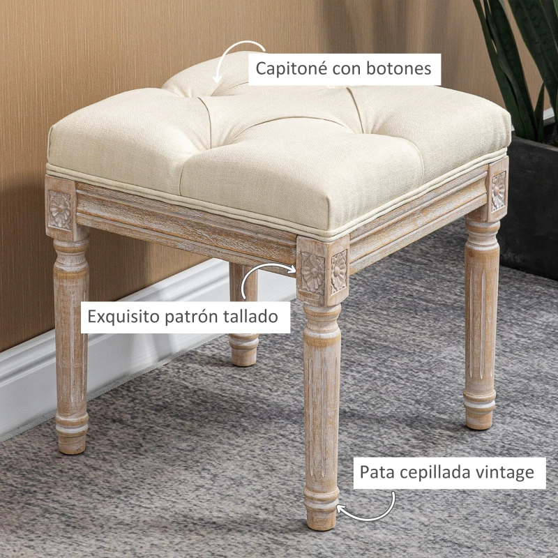 HOMCOM Reposapiés de Salón con Asiento Capitoné y Patas Talladas de Madera Estilo Vintage para Dormitorio 40x40x43 cm Beige