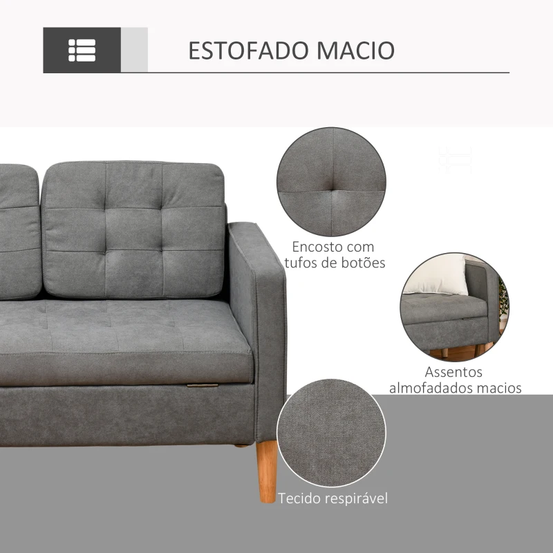 HOMCOM Sofá de 3 lugares acolchoado com 3 almofadas e apoios de braço Espaço de armazenamento Estilo moderno para sala de estar Quarto 166,5x62x82 cm cinza