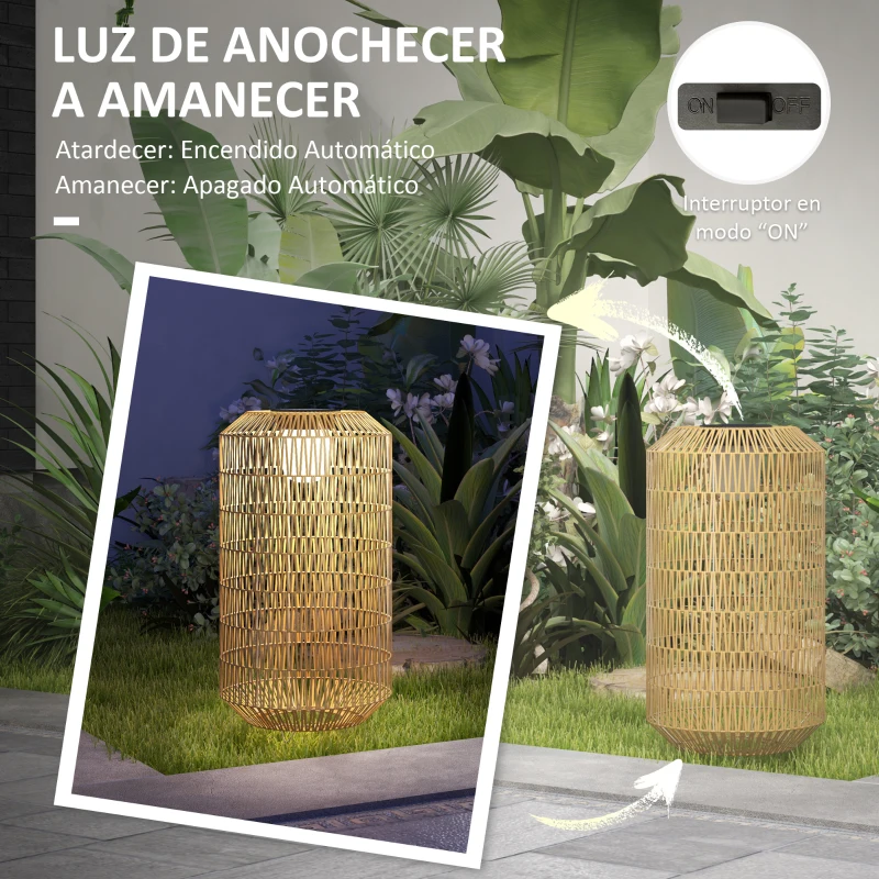 Outsunny Lámpara de Jardín de Ratán Sintético con Luces LED Encendido y Apagado Automático Diseño Bohemio Ø30x55 cm Natural