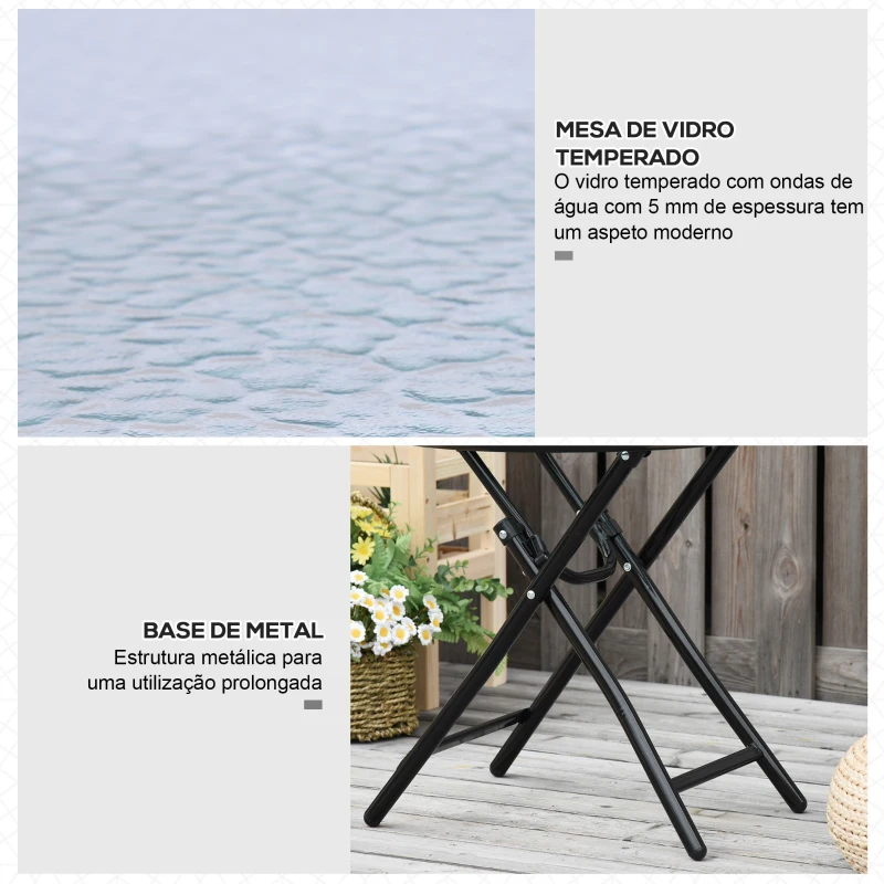 Outsunny Mesa dobrável redonda de vidro Mesa de jardim com fivela de segurança borda coberta de metal interno e externo Ø45x50 cm Preto
