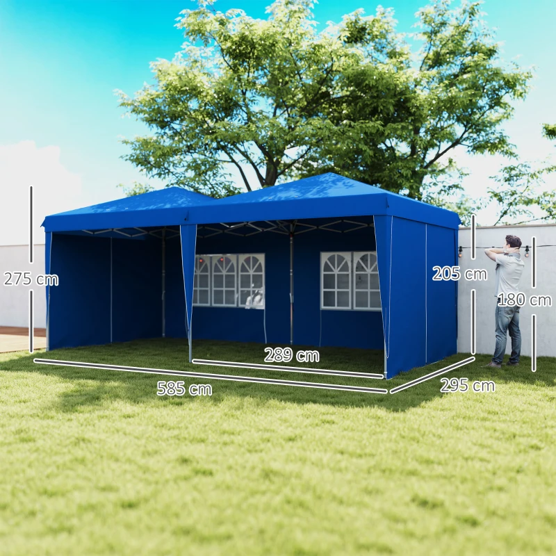 Outsunny Carpa de Jardín Plegable 6x3 m con Paredes Laterales Altura Ajustable Protección UV30+ Bolsa de Transporte Azul