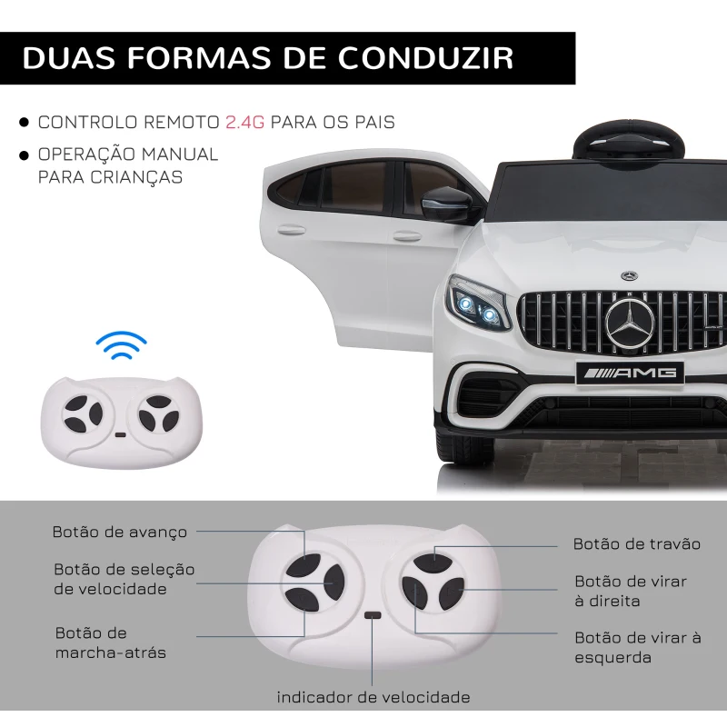 HOMCOM Carro Elétrico Mercedes AMG 12V para Crianças de 3-5 Anos com Controle Remoto Música Luzes Abertura da Porta 115x70x55cm Branco
