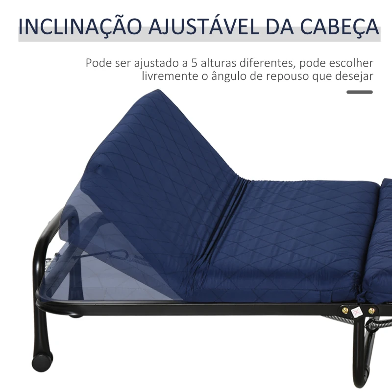 HOMCOM Cama dobrável portátil Cabeceira Ajustável em 5 Níveis de Ângulo Carga máxima 120 kg 184x65x26cm Azul