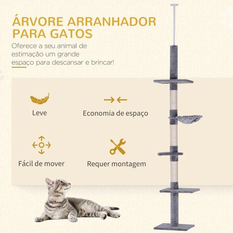 PawHut Árvore Arranhadora para Gatos Arranhador para Fixar ao Teto Altura Ajustável com Plataformas Poste de Sisal 40x34x230-260cm Cinza