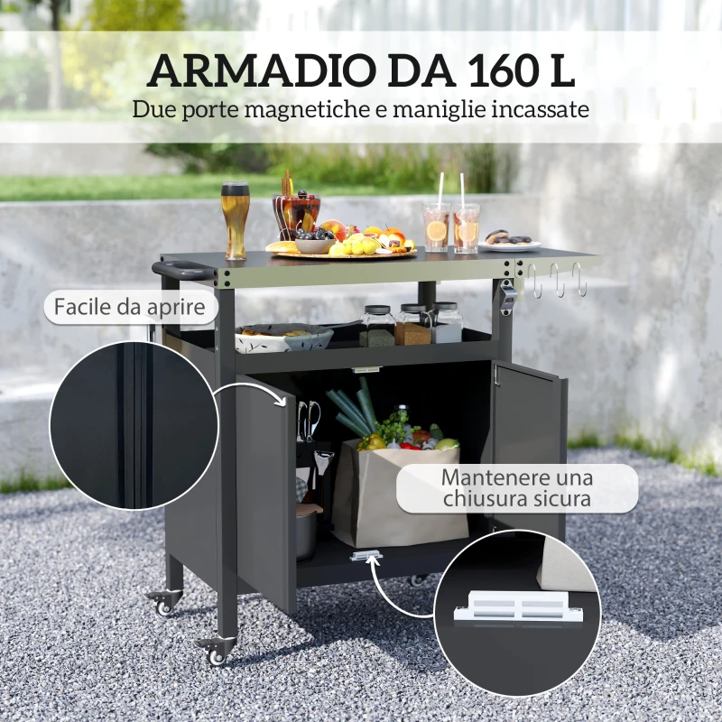 Outsunny Carrello per Barbecue con Armadietto, Ripiano Aperto e Tavolino Laterale, in Acciaio Inox, 116x50x93 cm, Nero
