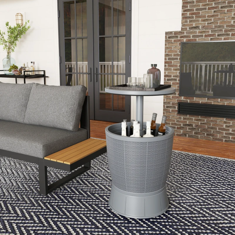 Outsunny Mesa Nevera para Exterior 41 L 3 en 1 Cool Bar Mesa Auxiliar con Altura Ajustable Cubo de Hielo Tapa Elevable Gris