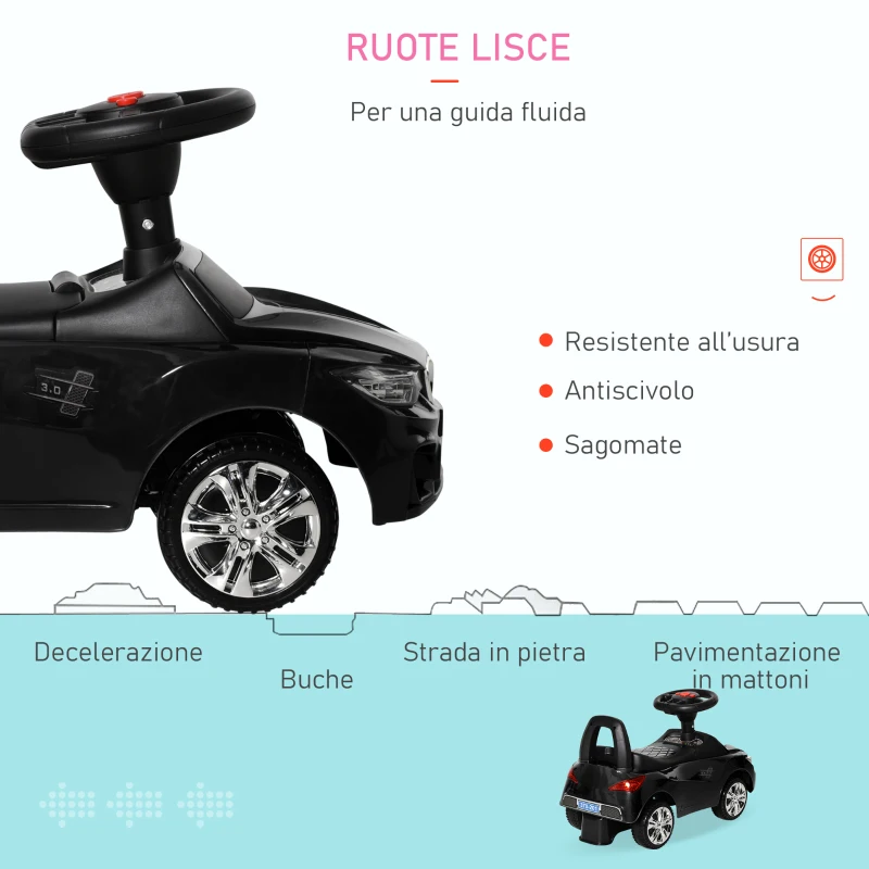 HOMCOM Macchinina per Bambini Cavalcabile con Volante, Fari e Musiche Integrate, in PP e Metallo, 63.5x28x36 cm, Nero