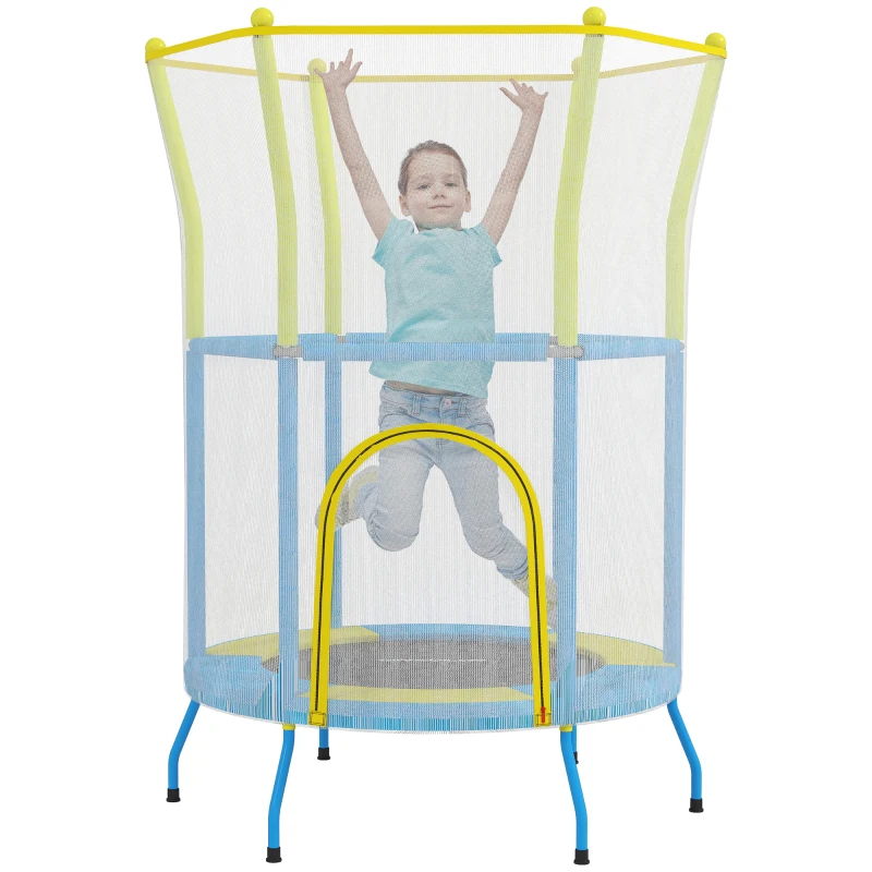 AIYAPLAY Trampolín Infantil de Interior con Red de Seguridad Cuerdas Elásticas y Barras Acolchadas 3-6 Años Ø140x190cm Azul Claro