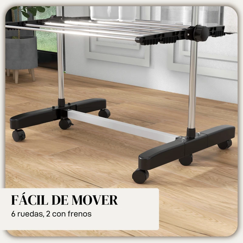 HOMCOM Tendedero Vertical de 4 Niveles con Ruedas 2 Laterales Abatibles Estantes Ajustables y Marco de Acero Negro y Plata