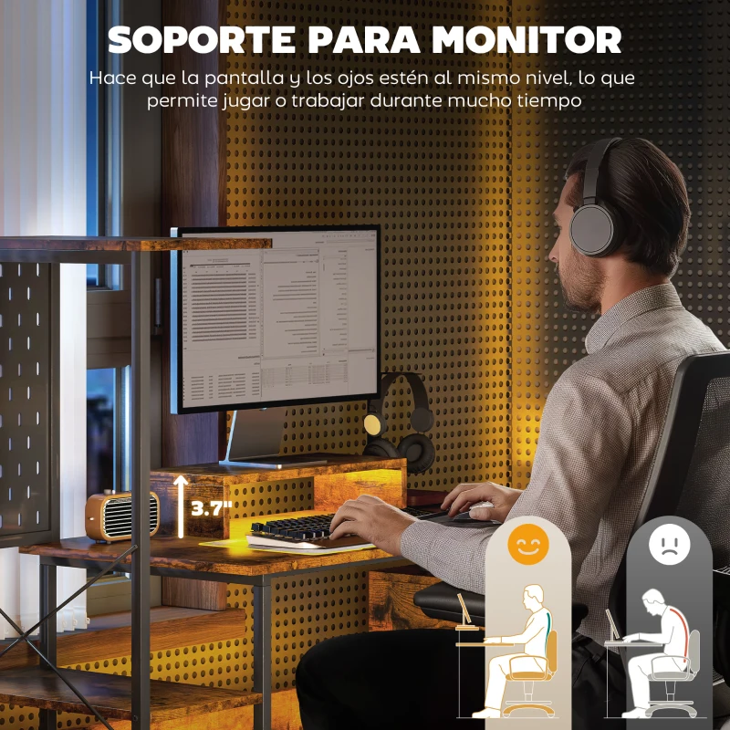 HOMCOM Escritorio con Estante para Monitor Almacenamiento y Luces LED RGB para Oficina o Estudio 142x50x126,5 cm Marrón rústico