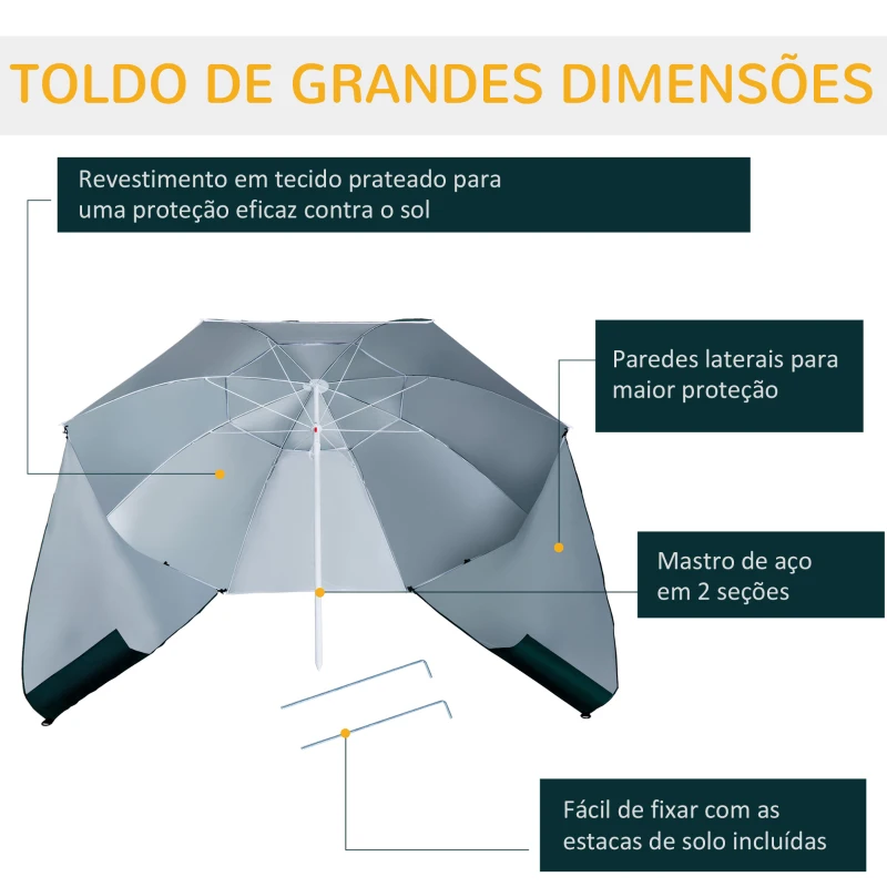 Outsunny Chapéu de Sol de Praia com Painéis Laterais Tipo Tenda Chapéu de Sol para Praia com Proteção UV 50  Φ210x222cm Verde Escuro