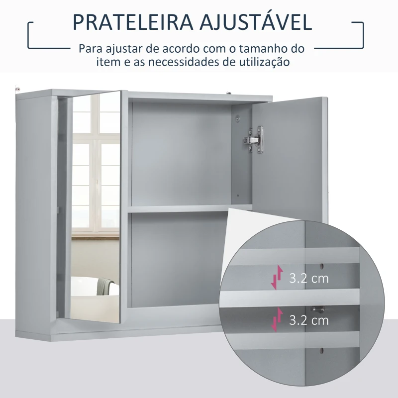 HOMCOM Armário de banheiro com espelho de parede com prateleira ajustável 3 níveis 2 portas 48x14,5x45 cm Cinza