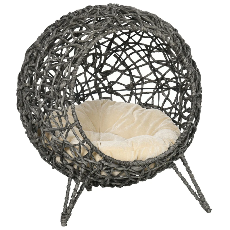 PawHut Cama para Gatos em Vime Sintético com Base de Tripé Almofada com Pelúcia e Algodão Suave Desenho Elevado Ø52x58 cm Cinza