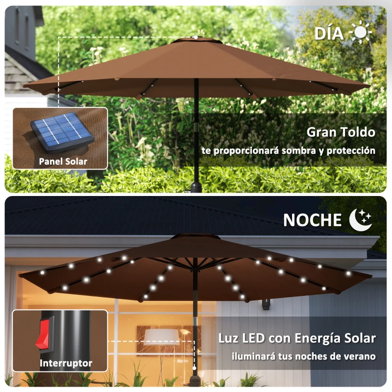 Outsunny Sombrilla de Jardín Ø265 cm con 32 Luces LED Solares Manivela y Poste de Acero para Patio Terraza Marrón