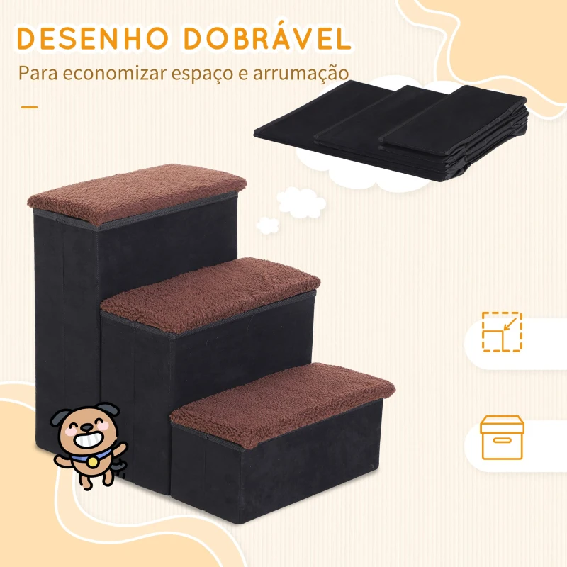 PawHut Escada para Animais de Estimação de 3 Degraus Dobrável com Tampa e Espaço de Armazenamento Escada para Cães Gatos Pequenos para Cama Sofá 40x54x48cm Preto