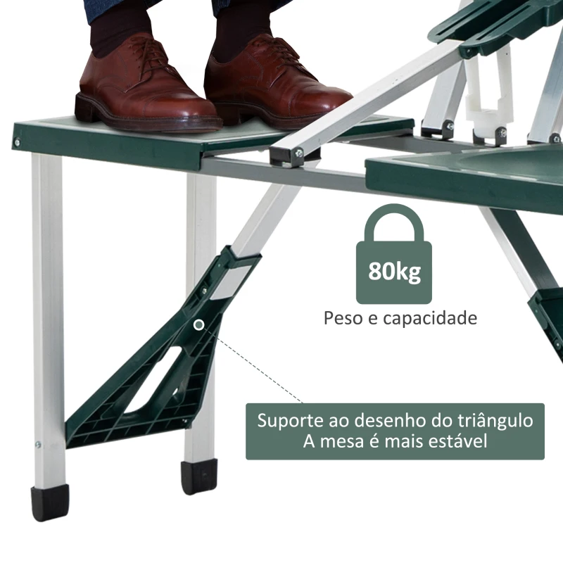 Outsunny Mesa de Acampamento Dobrável com 4 Cadeiras Conjunto para Acampamento com Orifício para Guarda Sol Estrutura de Alumínio 136x84,5x66 cm Verde