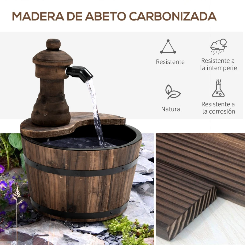 Outsunny Fuente de Jardín de Madera en Cascada con Bomba Eléctrica y Salida de Agua Ajustable 27x27x37 cm Natural