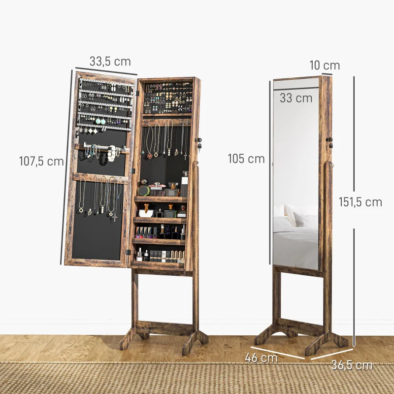 HOMCOM Espejo Joyero de Pie con Ángulo Ajustable y Ranuras para Pendientes Anillos y Collares 46x36,5x151,5 cm Marrón Rústico