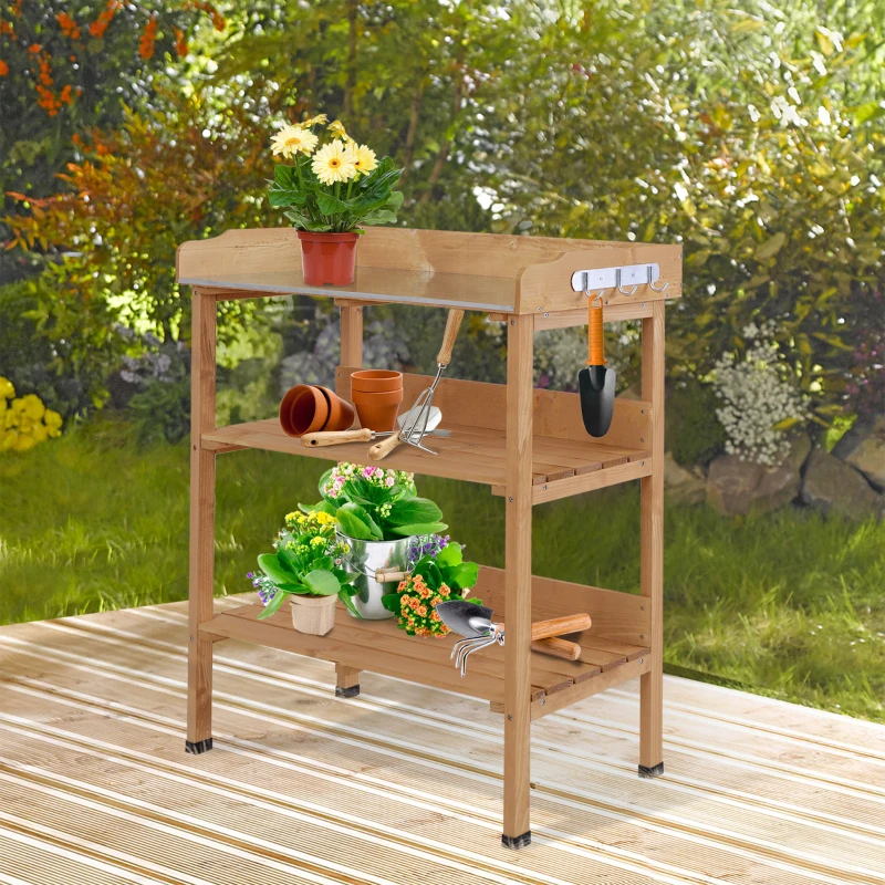 Outsunny Mesa de Jardinería de Madera con Superficie Metálica Estantes y Ganchos para Jardín Terraza 76x37x89 cm Natural