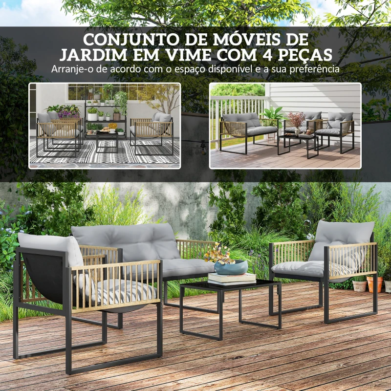 Outsunny Conjunto de Jardim de Vime Sintético de 4 Peças  Inclui Sofá de 2 Lugares 2 Poltronas 1 Mesa de Centro  Cinza e Madeira