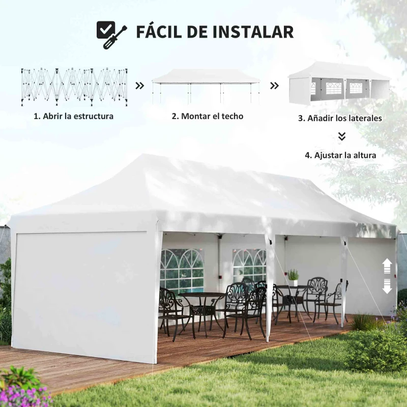Outsunny Carpa Plegable 9x3x3 m con Altura Ajustable Paredes Laterales Ventanas Protección UV50+ y Bolsa de Transporte Blanco