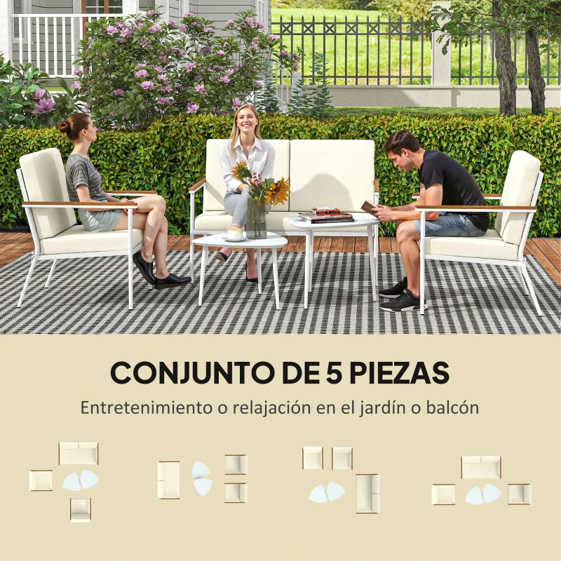 Outsunny Conjunto de Muebles de Jardín de 5 Piezas con Sofá Sillones y Mesas con Tablero de Vidrio Templado Cojines Beige